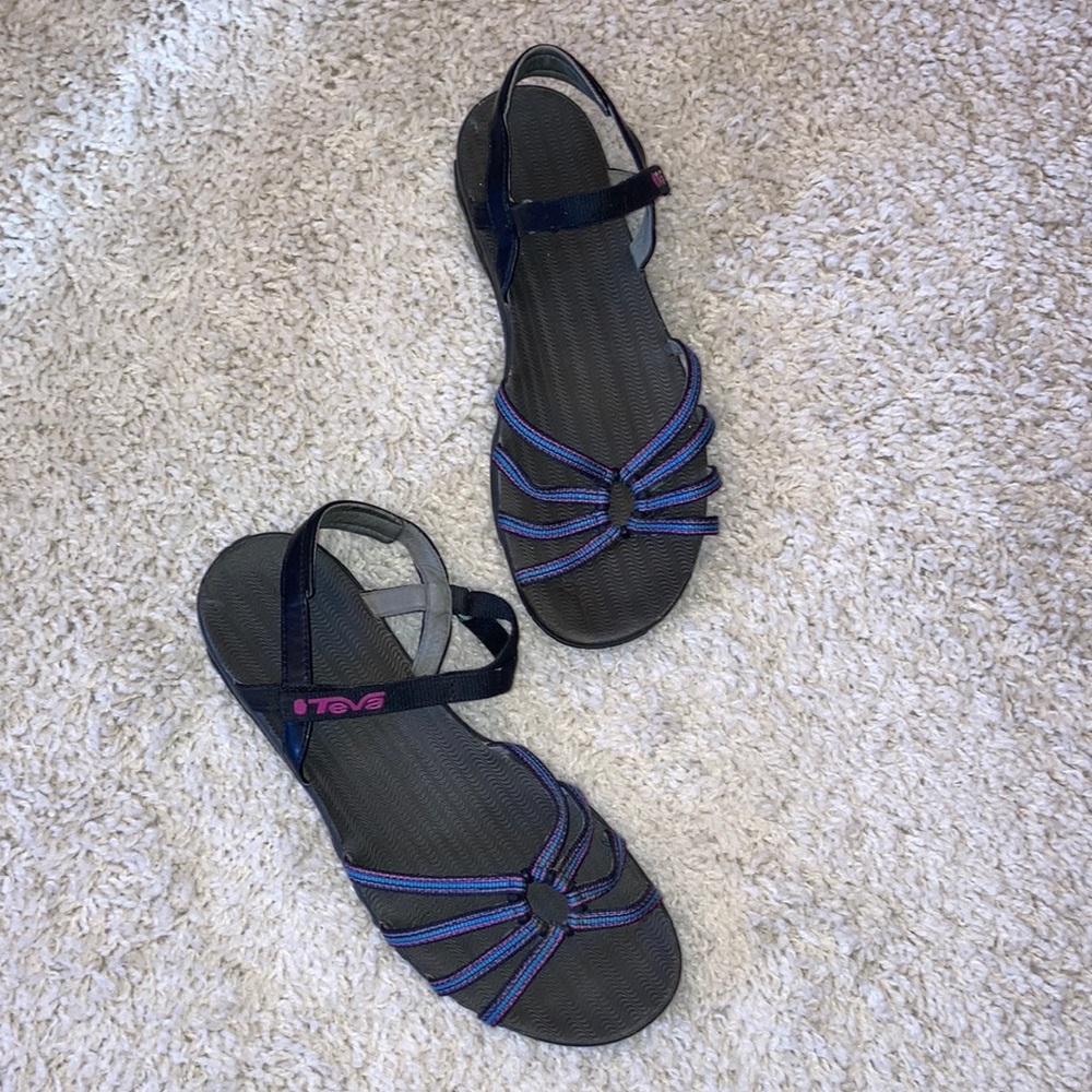 Teva Black hiking water Sandals with Blue and Purple Straps 10